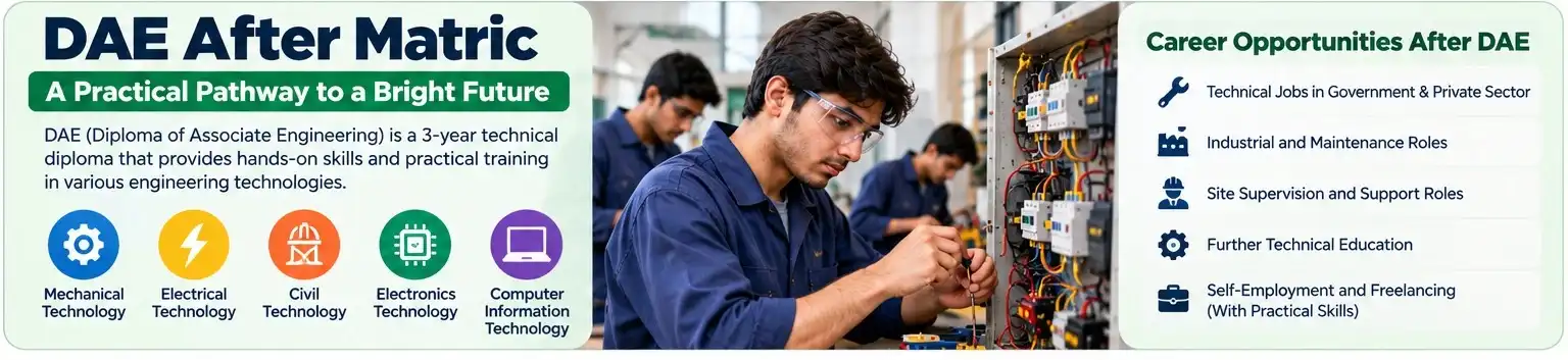 Infographic explaining the three-year DAE technical diploma, engineering specializations and career opportunities in Pakistan